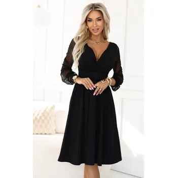 Oblečení a móda Černé elegantní midi šaty se zavinovacím výstřihem a tylovými rukávy 657-1 Velikost: 2XL