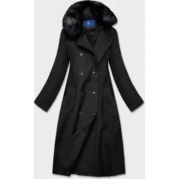 Dámský kabát Dlouhý černý kabát s kožešinovým límcem (20201202) odstíny černé S (36)
