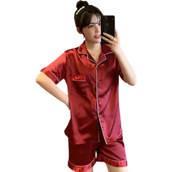 Dámské pyžamo Dámské pyžamo set tričko a kraťasy Zapínání na knoflíky Kapsička Límec Jednobarevné Pohodlný materiál Polyester spandex červená L