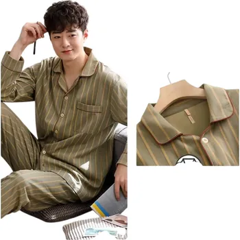 Pánské pyžamo Pánské pyžamo komplet triko s dlouhým rukávem a kalhoty Košilový střih Zapínání na knoflíky Kapsička Límec Hnědé pruhované Polyester bavlna XS