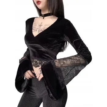 Dámská halenka GOTH40 Gotická krátká halenka široké rukávy - S