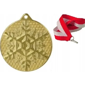Zlatá MEDAILE ZIMA SNĚHOVÁ VLOČKA SNÍH 50MM + STUHA STŘÍBRO BRONZOVÁ