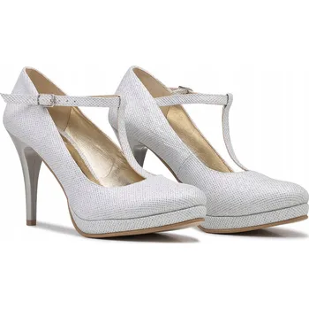 Dámské lodičky STŘÍBRNÉ BROKÁTOVÉ LODIČKY NA PLATFORMĚ S PŘEZKOU SVATEBNÍ BUTDAM 41