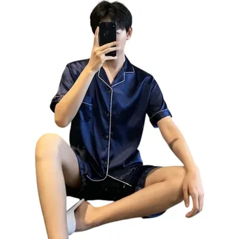 Pánské oblečení Pánské pyžamo set tričko a kraťasy Zapínání na knoflíky Kapsička Límec Jednobarevné Pohodlný materiál Polyester spandex tmavě modrá L