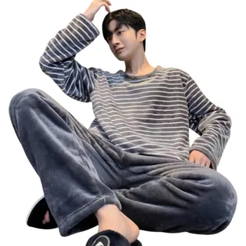 Pánské pyžamo Pánské pyžamo set triko s dlouhým rukávem a kalhoty Pruhované Pohodlný střih Dvoudílný komplet Polyester spandex šedá M