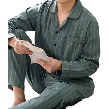 Pánské pyžamo Pánské pyžamo set triko s dlouhým rukávem a kalhoty Zapínání na knoflíky Kapsička Límec Pruhované Zelené Polyester bavlna S
