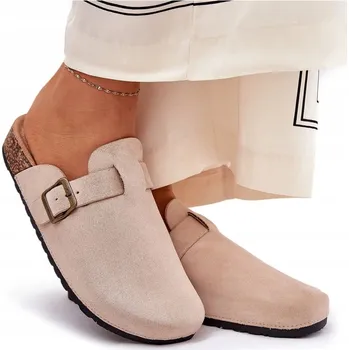 Dámské pantofle NAZOUVÁKY DŘEVÁKY Z EKO SEMIŠE NA KORKOVÉ PLATFORMĚ S PŘEZKOU BÉŽOVÉ 36