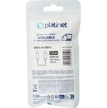 Počítač Platinet Datový Kabel USB-C - USB-C 5A, 100W, 1,5m, 480 Mbps, bílý