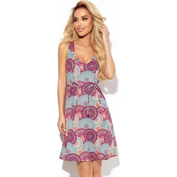 Dámské oblečení Dámské trapézové šaty s výstřihem a se vzorem růžovo-světle modrých mandal 377-1 XS
