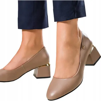 Dámské lodičky DÁMSKÉ BÉŽOVÉ KOŽENÉ LODIČKY NA OZDOBNÉM BLOKOVÉM PODPATKU SE ZLATÝM ZDOBENÍM vel. 40