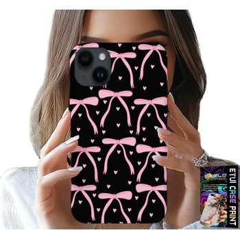 Pouzdro na mobilní telefon POUZDRO pro iPhone 13 - Černo-růžové stuhy mašle stuha