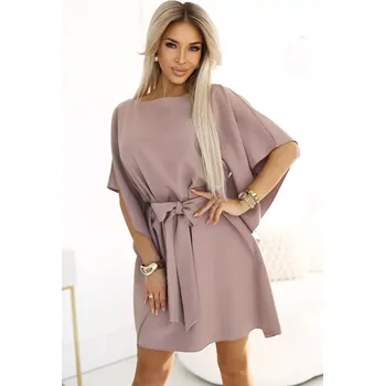 Dámské oblečení 287-37 SOFIA Motýlí šaty se zavazováním v pase - MOCHA MOUSSE S/M