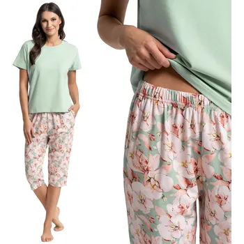 Dámské pyžamo DÁMSKÉ BAVLNĚNÉ PYŽAMO DVOUDÍLNÉ POHODLNÉ CAPRI KALHOTY KVĚTINOVÝ VZOR M