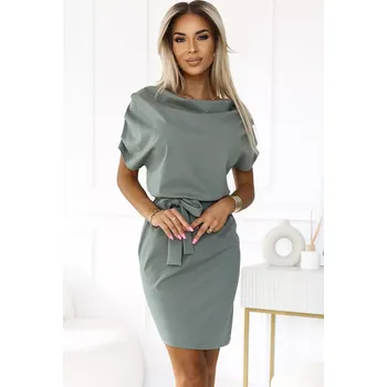 Dámské oblečení 240-4 ROXI šaty s asymetrickou sukní a páskem - barva OLIVE XL