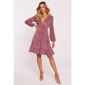 Dámské šaty M826 Sametové šaty s výstřihem do V - krepové růžové EU XXL