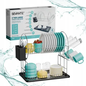 Organizace kuchyně Dvoupatrový chromovaný odkapávač na nádobí na dřez, nerezová ocel