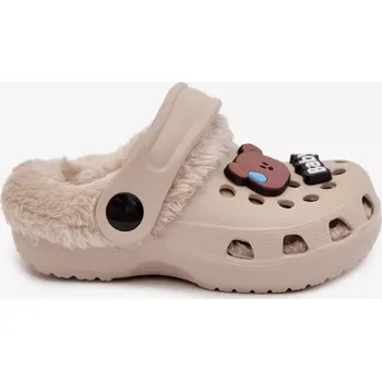 Dívčí oblečení Dětské pěnové pantofle zateplené kožíškem s ozdobnými připínkami – khaki Velikost: 27