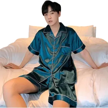 Pánské pyžamo Pánské pyžamo set tričko a kraťasy Zapínání na knoflíky Kapsička Límec Jednobarevné Pohodlný materiál Polyester spandex zelená M