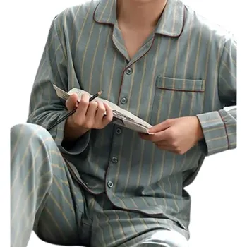 Pánské pyžamo Pánské pyžamo set triko s dlouhým rukávem a kalhoty Zapínání na knoflíky Kapsička Límec Pruhované Světle zelené Polyester bavlna XS