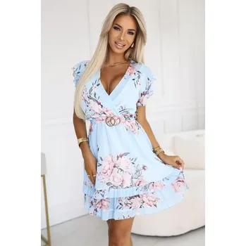 Dámské šaty 468-3 PATRIZIA šaty s obálkovým výstřihem, páskem a krátkými rukávy - MODRÁ S RŮŽÍ UNI