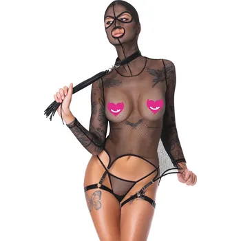 Dámské erotické prádlo Cottelli Net Basque with Head Mask & Long Sleeves Set 2480573 Black Velikost XXL