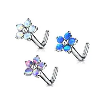Piercing N0106-OP17 Zahnutý piercing do nosu - kytička s opály