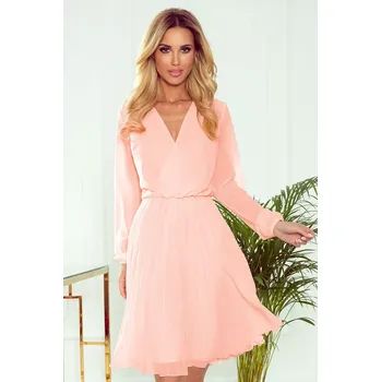 Dámské šaty ISABELLE - Plisované dámské šaty v broskvové barvě s dekoltem a dlouhými rukávy 313-2 L