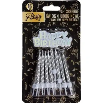 Dortová svíčka Narozeninové svíčky stříbrné 16 Ks. 0,55x6 cm + nápis HAPPY BIRTHDAY 6,7x2,8 cm