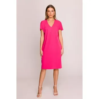 Dámské šaty S392 Šaty uvolněného střihu s výstřihem do V - růžové EU M