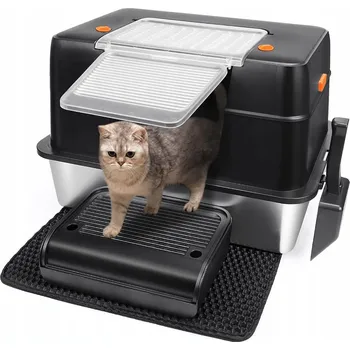 Toaleta pro kočku Uzavřená toaleta pro kočky z nerezové oceli s lopatkou, schůdky a podložkou