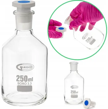 Láhev Láhev na reagencie 250 ml, PRŮHLEDNÁ, PE víčko, sklo borosilikátové 3.3, zábrus 19/26