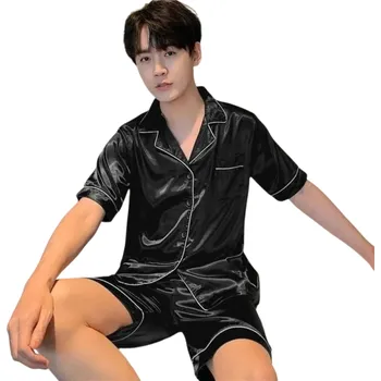 Pánské pyžamo set tričko a kraťasy Zapínání na knoflíky Kapsička Límec Jednobarevné Pohodlný materiál Polyester spandex černá L