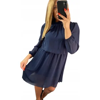 Dámské šaty V597 NOVÁ KOLEKCE ELEGANTNÍ ŠATY SE STOJAKEM A PERLOU NÁMOŘNICKÁ MODRÁ vel. 42 (XL)