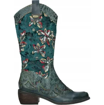 Dámské kozačky DÁMSKÉ VYSOKÉ KOŽENÉ KOVBOJSKÉ BOTY KOTNÍKOVÉ BOTY S KVĚTINOVÝMI POTISKY NA PODPATKECH LAURA VITA 39