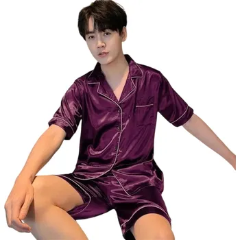 Pánská móda Pánské pyžamo set tričko a kraťasy Zapínání na knoflíky Kapsička Límec Jednobarevné Pohodlný materiál Polyester spandex fialová XL