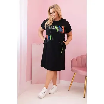 Dámské šaty Dámské bavlněné šaty Plus Size s barevným potiskem a kapsou černý UNI