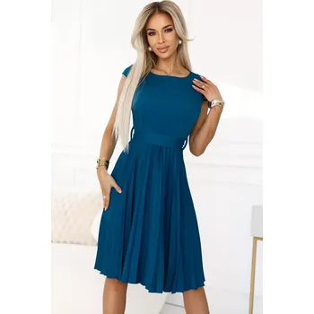 Dámské šaty 311-17 LILA Klasické plisované šaty s krátkými rukávy a páskem - barva MARINE XL
