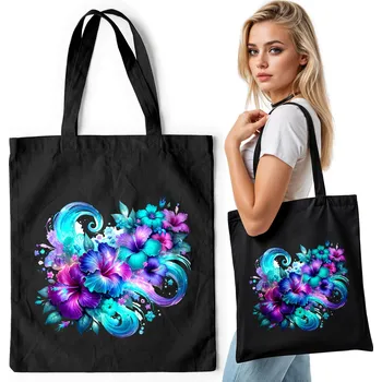 Černá bavlněná nákupní taška – KVĚTINY DIGITÁLNÍ UMĚNÍ VYBRANÉ DIGITÁLNĚ