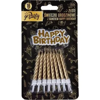 Dortová svíčka Narozeninové svíčky zlaté 16 ks 0,55x6 cm + nápis HAPPY BIRTHDAY 6,7x2,8 cm