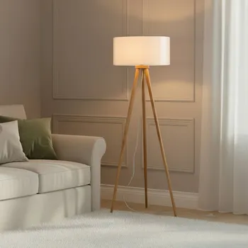 Lampička Stojací lampa Lindby Charlia, bílá, dřevo, výška 150 cm - Délka kabelu 320 cm světlé dřevo, bílá 1 x 60 W - Doprava zdarma