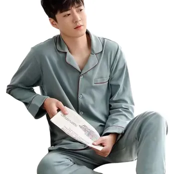 Pánské pyžamo triko s dlouhým rukávem a kalhoty Tyrkysové Zapínání na knoflíky Límec Dvoudílný komplet z bavlny L