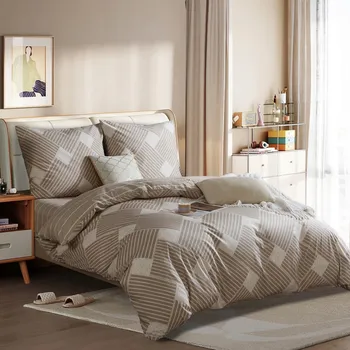 Povlečení POVLEČENÍ 160x200 BÉŽOVÉ GEOMETRICKÉ + 2 POVLEČENÍ NA POLŠTÁŘ 70X80 HNĚDÉ SATÉNOVÉ