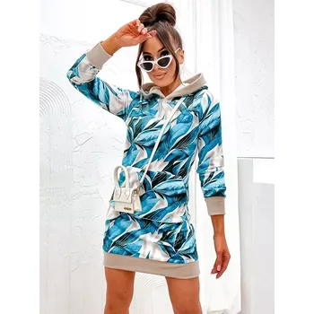 Dámské šaty Béžovo-tyrkysové velurové šaty s kapucí a se vzorem listů (8250) odstíny béžové S (36)