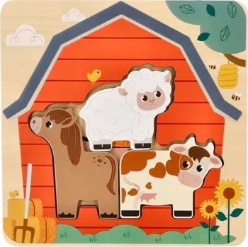 Dřevěná hračka DŘEVĚNÁ SKLÁDAČKA PUZZLE S VRSTVENÝMI ZVÍŘÁTKY NA FARMĚ