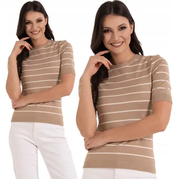 Dámský svetr DÁMSKÝ SVETR MORAJ Z VISKÓZY S KRÁTKÝM RUKÁVEM KLASICKÝ BÉŽOVÝ S PROUŽKY XXL