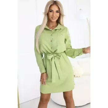 Dámské šaty 284-3 CAMILLE Košilové šaty s kapsami a vázáním - OLIVE XL