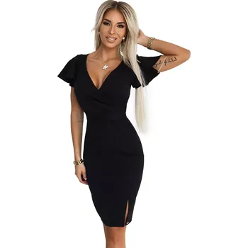 Dámské šaty 479-9 NINA elegantní šaty s obálkovým výstřihem, rukávy a páskem - ČERNÁ XL