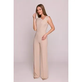 Dámský overall S407 Elegantní overal s asymetrickým výstřihem - béžový EU L