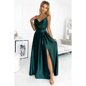 Dámské šaty 299-9 CHIARA elegantní maxi dlouhé saténové šaty bez ramínek - BOTTLE GREEN M