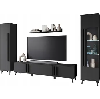 Obývací stěna Nábytková Stěna na nožkách RTV sada 180 vitrína regál police černá matná s LED